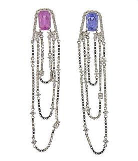 Pink Blue Sapphire 18K Gold Diamond Earrings