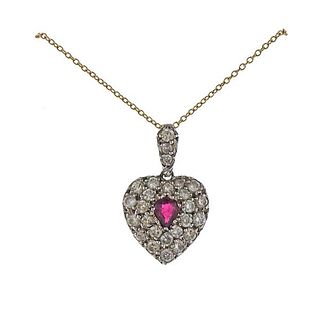 Antique Victorian 15K Gold Diamond Heart Pendant on 18k Necklace 
