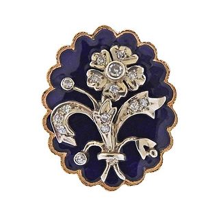 18K Gold Diamond Blue Enamel Floral Ring