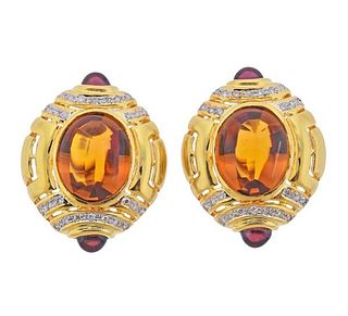 18K Gold Diamond Garnet Citrine Earrings