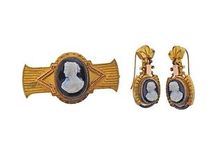 Antique Victorian 14K Gold Cameo Earrings Brooch Set