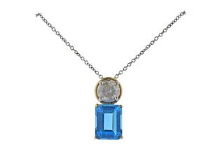 14K Gold Diamond Blue Topaz Pendant Necklace 