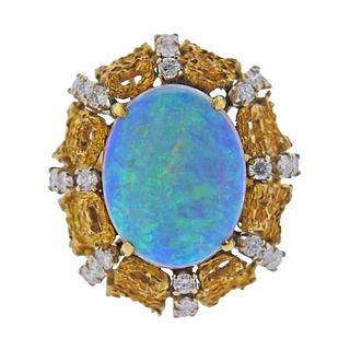 1970s 18K Gold Diamond Opal Ring