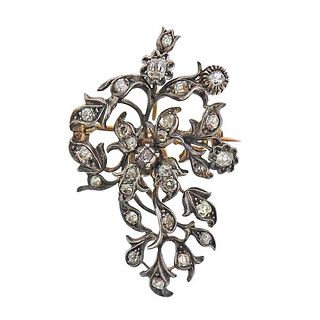 Antique 18K Gold Silver Rose Diamond Brooch Pendant