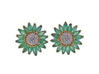 14K Gold Diamond Emerald Floral Earrings