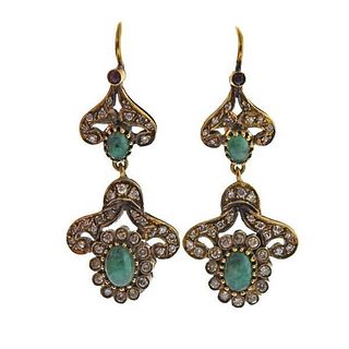 18k Gold Diamond Emerald Ruby Drop Earrings