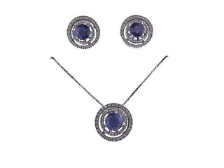 14K Gold Diamond Sapphire  Pendant Necklace Earrings Set