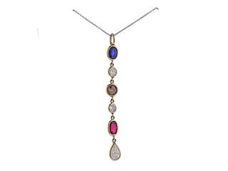 14K Gold Diamond Ruby Sapphire Pendant Necklace