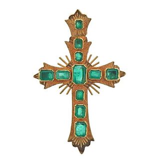 18K Gold Emerald Cross Pendant