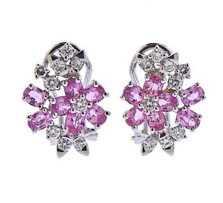 18K Gold Diamond Pink Sapphire Cluster Earrings