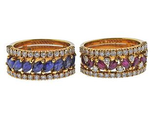 18K Gold Diamond Sapphire Ruby Band Ring Set