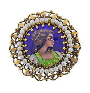 14K  Gold Enamel Pearl Portrait Brooch Pendant