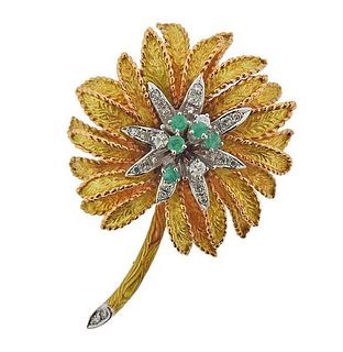 18K  Gold Diamond Emerald Flower Brooch Pin