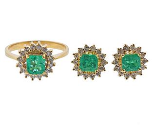 18K Gold Diamond Emerald Ring Earrings Set