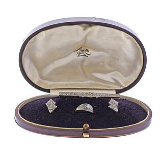 Antique 18K Gold Platinum Diamond Earrings Ring Brooch Set