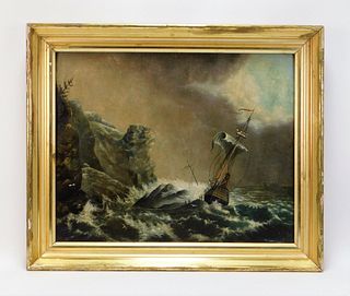 19C American School Stormy Seas Shipwreck Painting