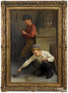 John George Brown (American 1831-1913), oil on canvas of two boys with a firecracker and a cap gun