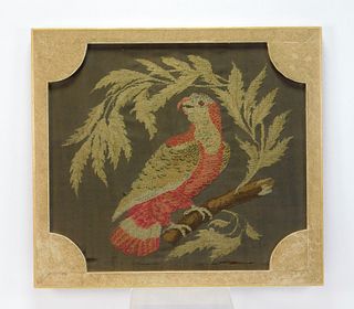19C European Embroidered Parrot Textile