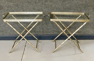 PR Silvered Faux Bamboo Glass Top Tray Tables