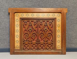 Victorian Carved Wood and Tile Fireplace Surround