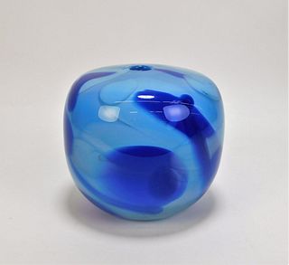 Sidney R. Hutter Blue Art Glass Squat Vase