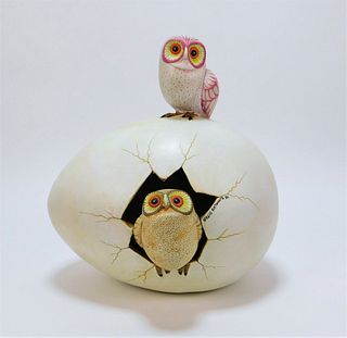 Sergio Bustamante Surrealist Owls Egg Sculpture