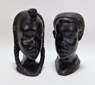 PR African Nubian Figural Carved Wood Busts