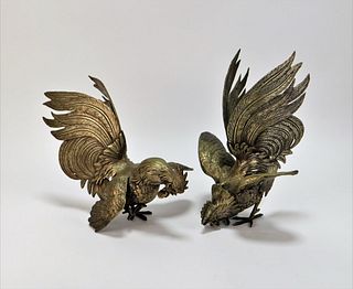 PR French Silvered Metal Fighting Roosters Statues