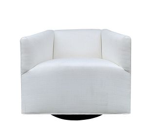 Vintage Style Swivel Chair in White Linen & Oak Base