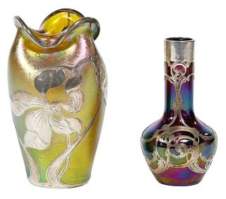 (Attributed to) Loetz 'Silberiris' Glass Vase with La Pierre Sterling Silver Overlay