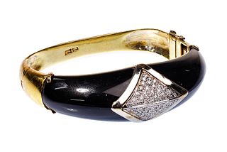 18k Yellow and White Gold, Onyx and Diamond Hinged Bangle Bracelet