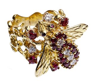 18k Yellow Gold, Ruby and Diamond Bee Ring