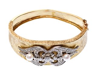 14k Yellow Gold, Pearl and Diamond Hinged Bangle Bracelet