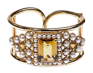 14k Yellow Gold, Pearl and Citrine Hinged Bangle Bracelet