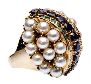 14k Yellow Gold, Pearl, Sapphire, Emerald and Diamond Dome Ring