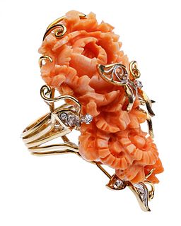14k Bi-Color Gold, Carved Coral and Diamond Ring