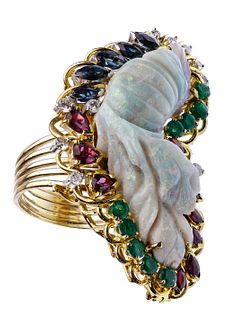 14k Gold, Carved Opal, Sapphire and Diamond Ring