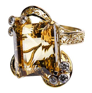 14k Yellow Gold, Citrine and Diamond Ring