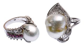 14k White Gold, Pearl and Diamond Ring