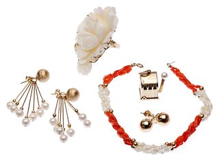 14k Yellow Gold, Pearl and Coral Jewelry Assortment