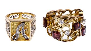 18k Gold and 14k Gold, Garnet and Diamond Rings
