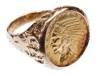 1915 $5 Gold Indian Coin in 14k Yellow Gold Ring Setting