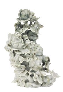 Chinese Intricately Carved Jade Rose Vase & Lid