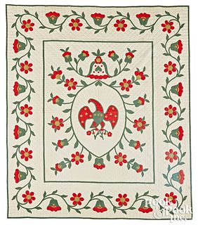 Appliqué eagle and floral vine quilt, early 20th