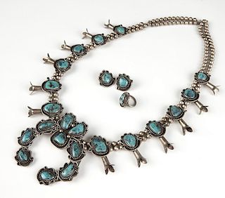 A Navajo silver and turquoise squash blossom set