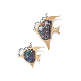 COLLECTION OF BOULDER OPAL AND DIAMOND FISH PENDANTS