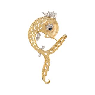 HAMMERMAN BROTHERS, BICOLOR GOLD, DIAMOND AND SAPPHIRE FISH BROOCH