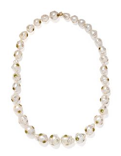 CHRISTOPHER WALLING, CULTURED BAROQUE PEARL, DIAMOND AND PERIDOT NECKLACE