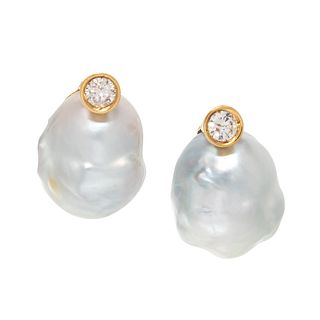 CULTURED BAROQUE PEARL AND DIAMOND EARCLIPS