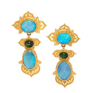 LUNA FELIX GOLDSMITH, YELLOW GOLD, OPAL AND CHROME DIOPSIDE EARCLIPS